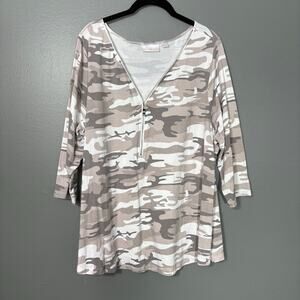 Belle Kim Gravel Gray Camoflague TripleLuxe Knit Top - 1X - Women's Plus Size